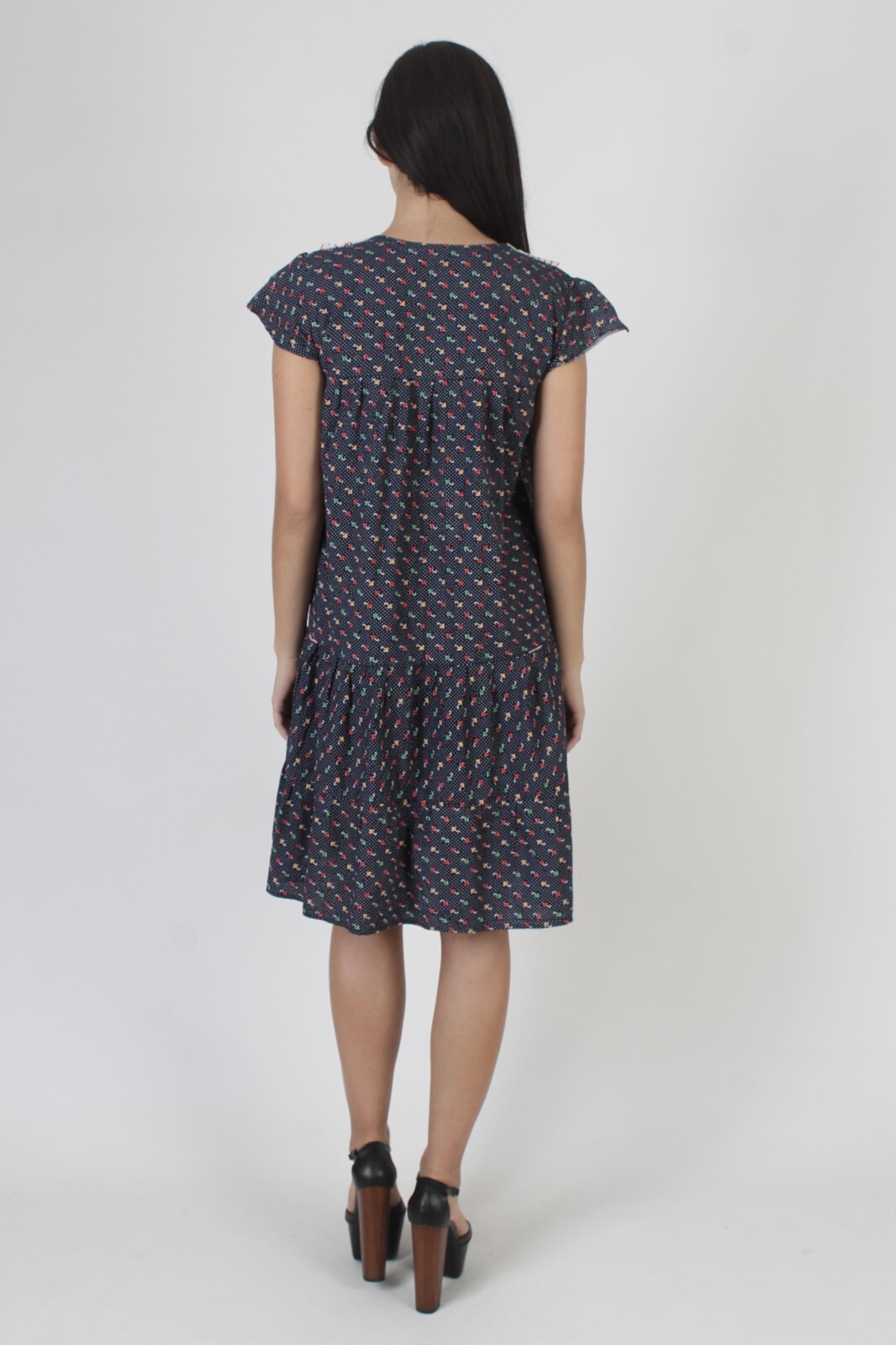 Vtg 70s A Line Novelty Umbrella Print Swiss Polka Dot White Collar Tent Dress