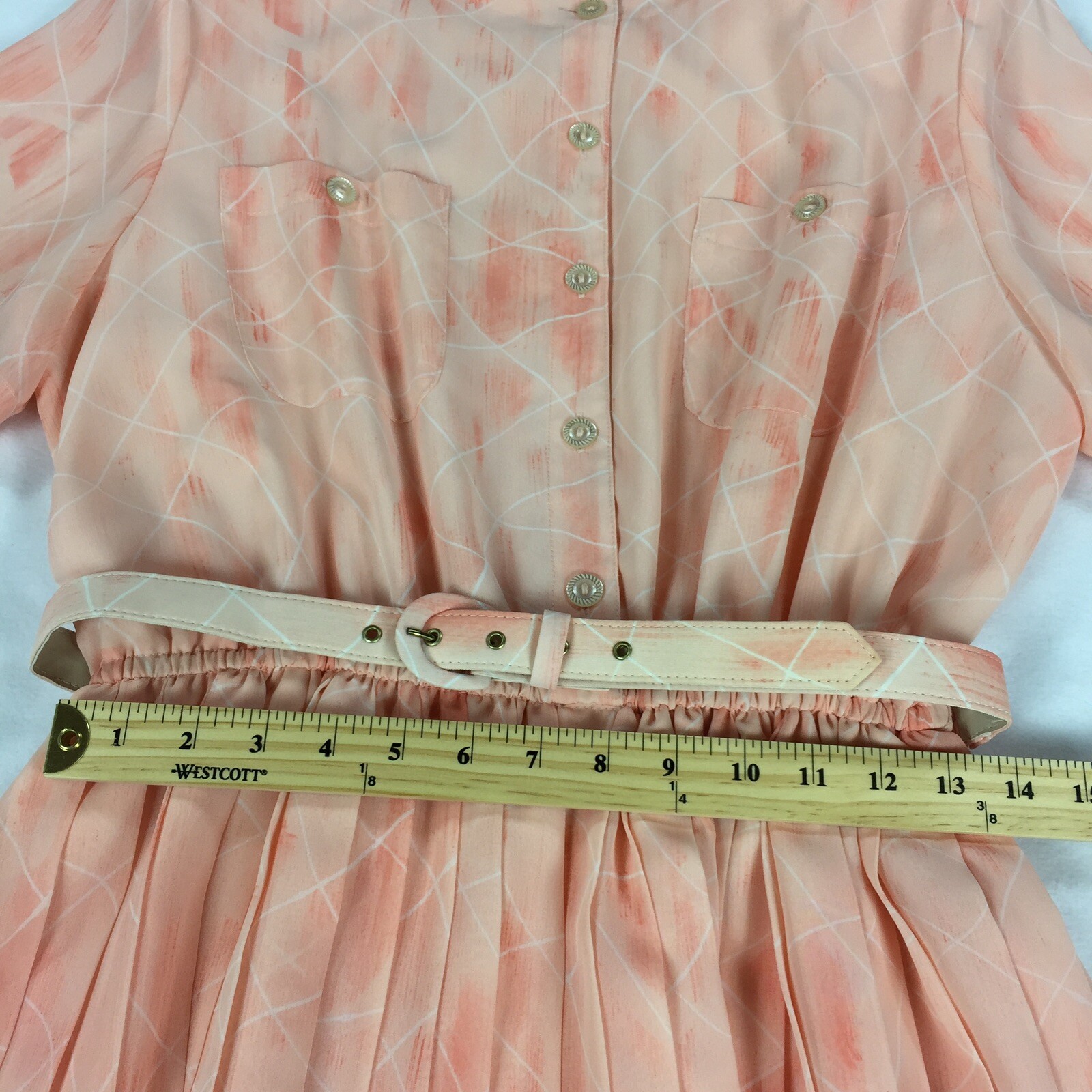Vintage 1980s Rouie Blouson Smock Dress with Belt Size 12 Peach Chiffon Modest L