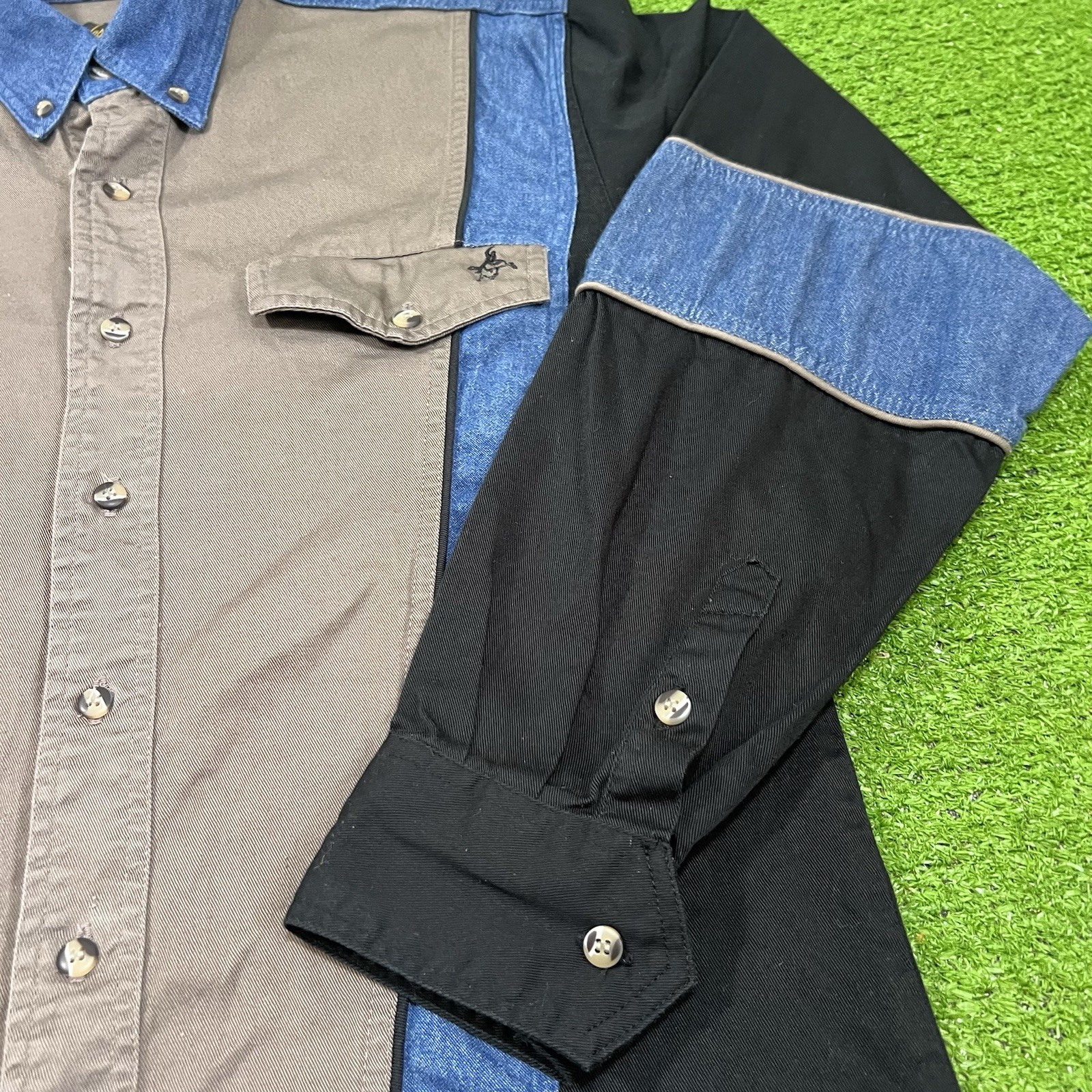 Vintage Western Shirt SM Canvas Denim Button Up Color Block Bull Rider Logo 80s
