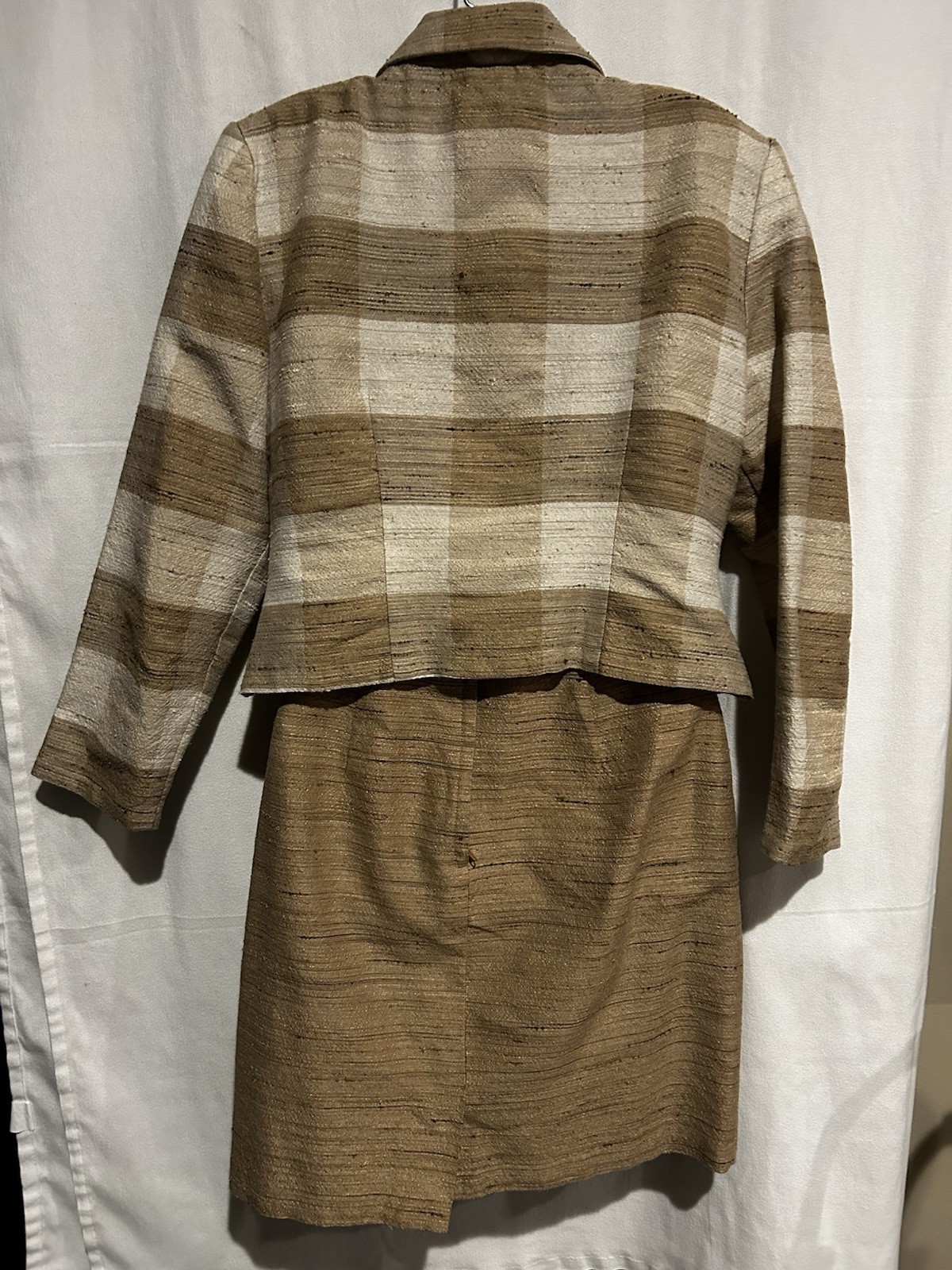 Vintage Lew Magram 2 Piece Skirt Suit Size 10 Brown/Cream Plaid USA Jacket/Skirt
