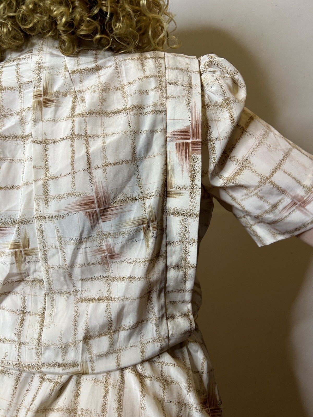 Vintage 1980s Shirred Shirt Tie Waist Dress Brown Grid Collared Midi Panel AU 14