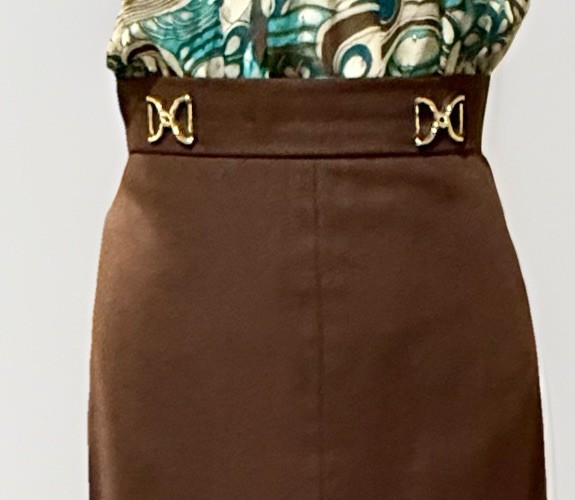 Vintage 70s Custom Brown High Waisted Aline Retro Midi Skirt Slit Secretary S