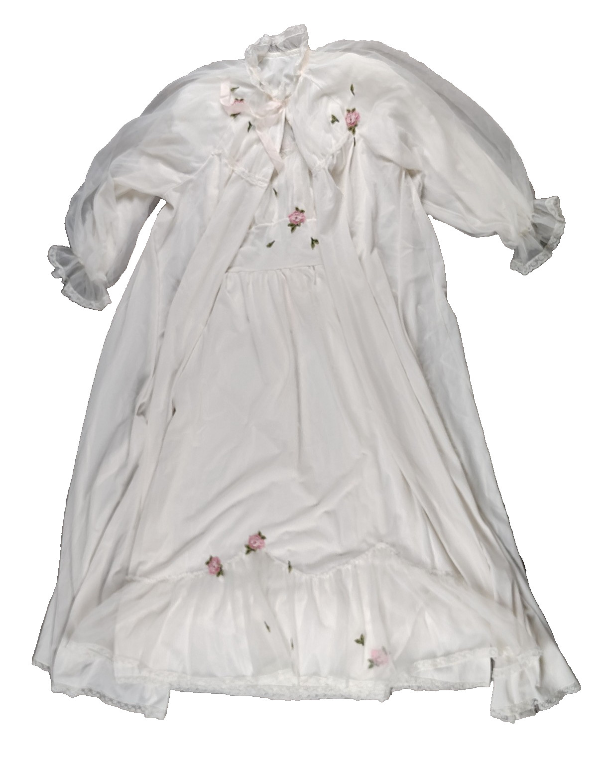 Vtg Laros Peignoir Set Nightgown Robe White Lace Rose Appliques Large 34 USA