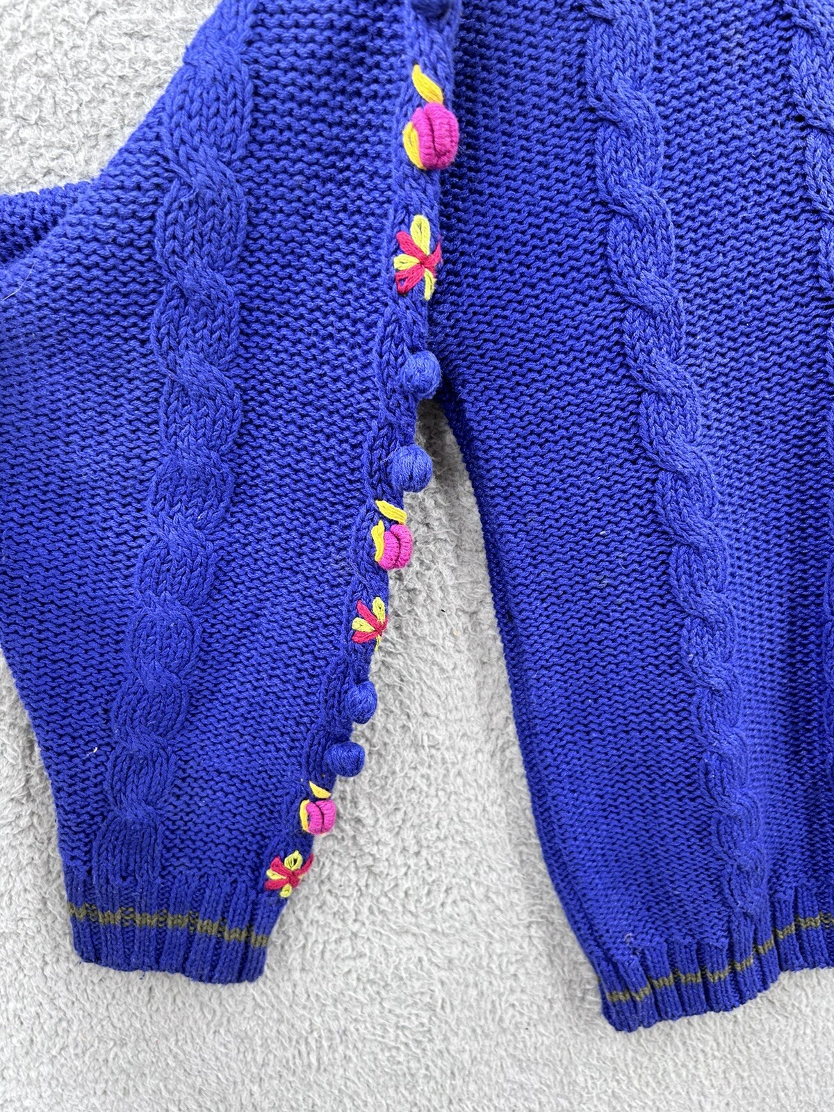 Vintage Counterparts Sweater Cable Knit Floral Pom Blue Women’s Size Medium 80’s