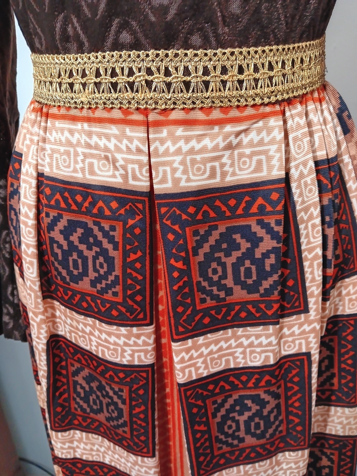 Vintage 70s Dress Brown Maxi Velvet Aztec Pixels Print Boho Hostess Gown