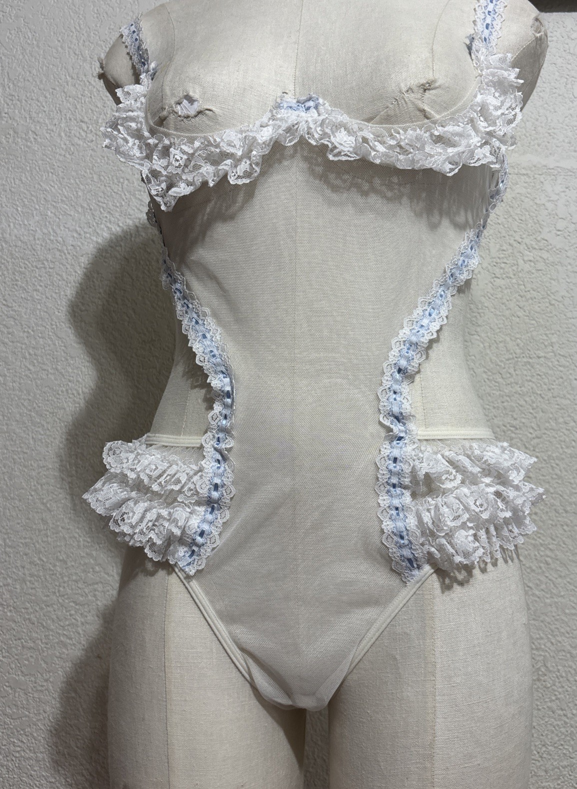 Vintage Fredericks Of Hollywood style lace teddy bodysuit with ruffles #80921