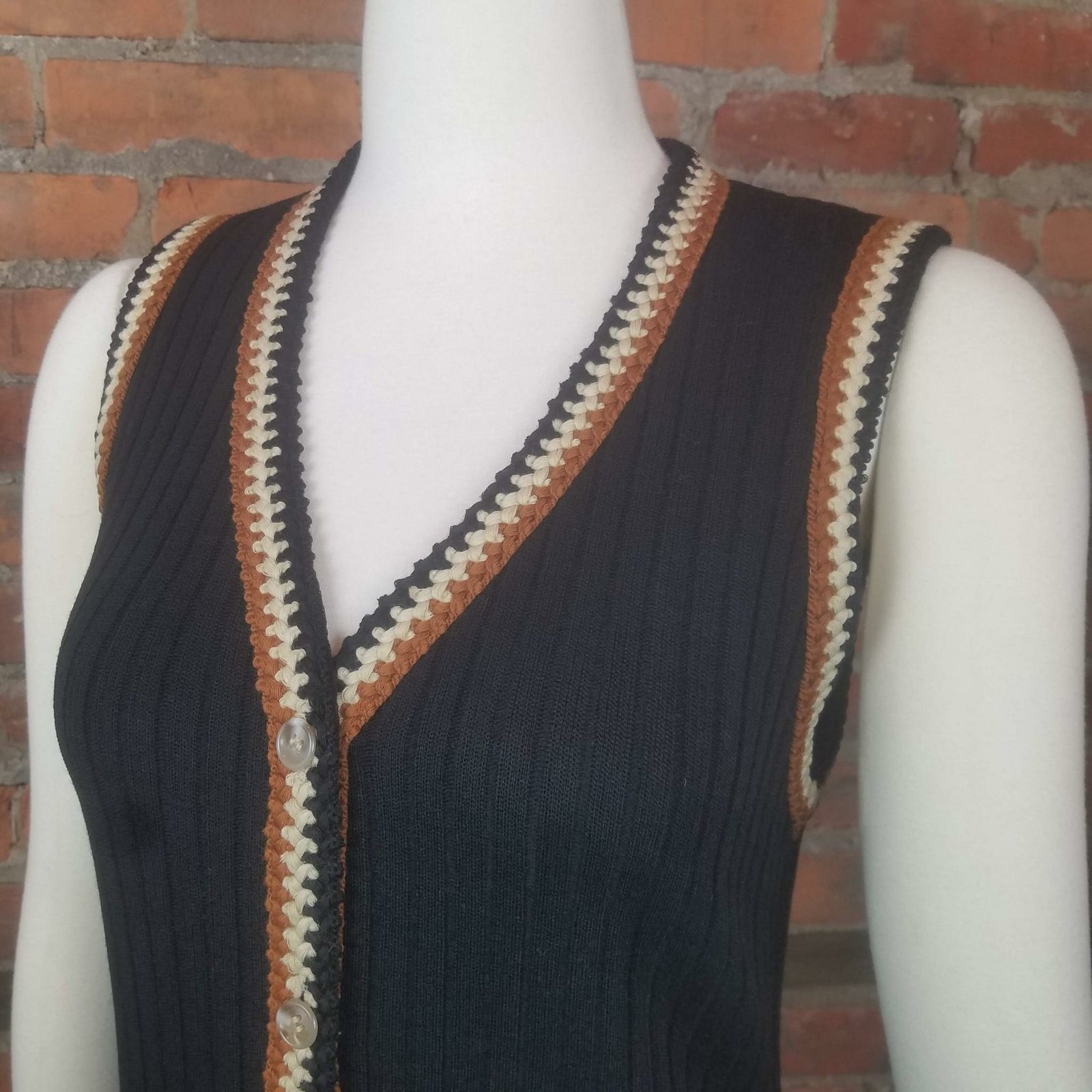 VTG Women’s Vest Black Embroidery Trim Tan Brown Cream Front Pockets Size S