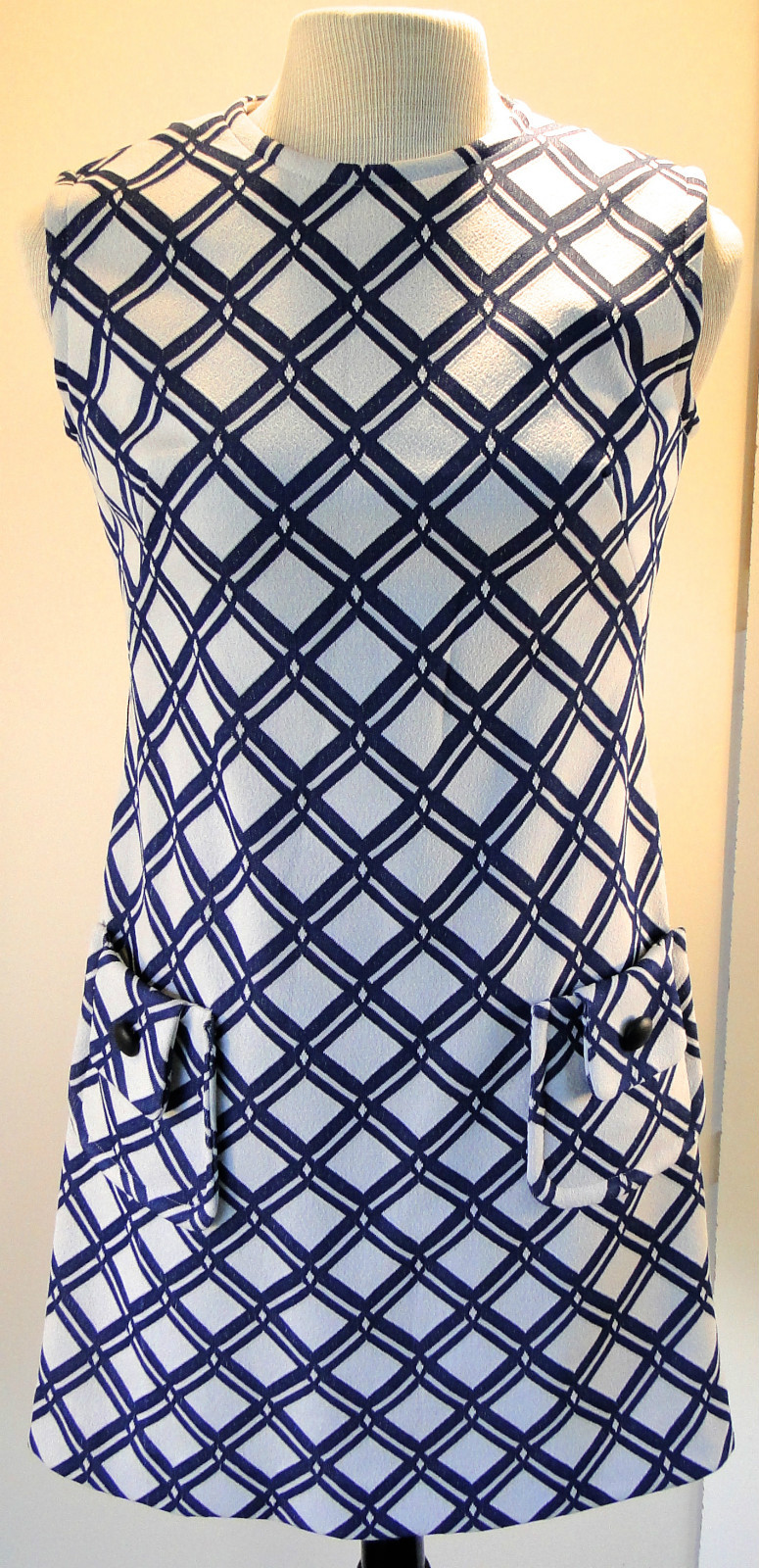 Deadstock Vintage 1960s Lawson Knits Blue White Graphic Print Mod Shift Dress 16