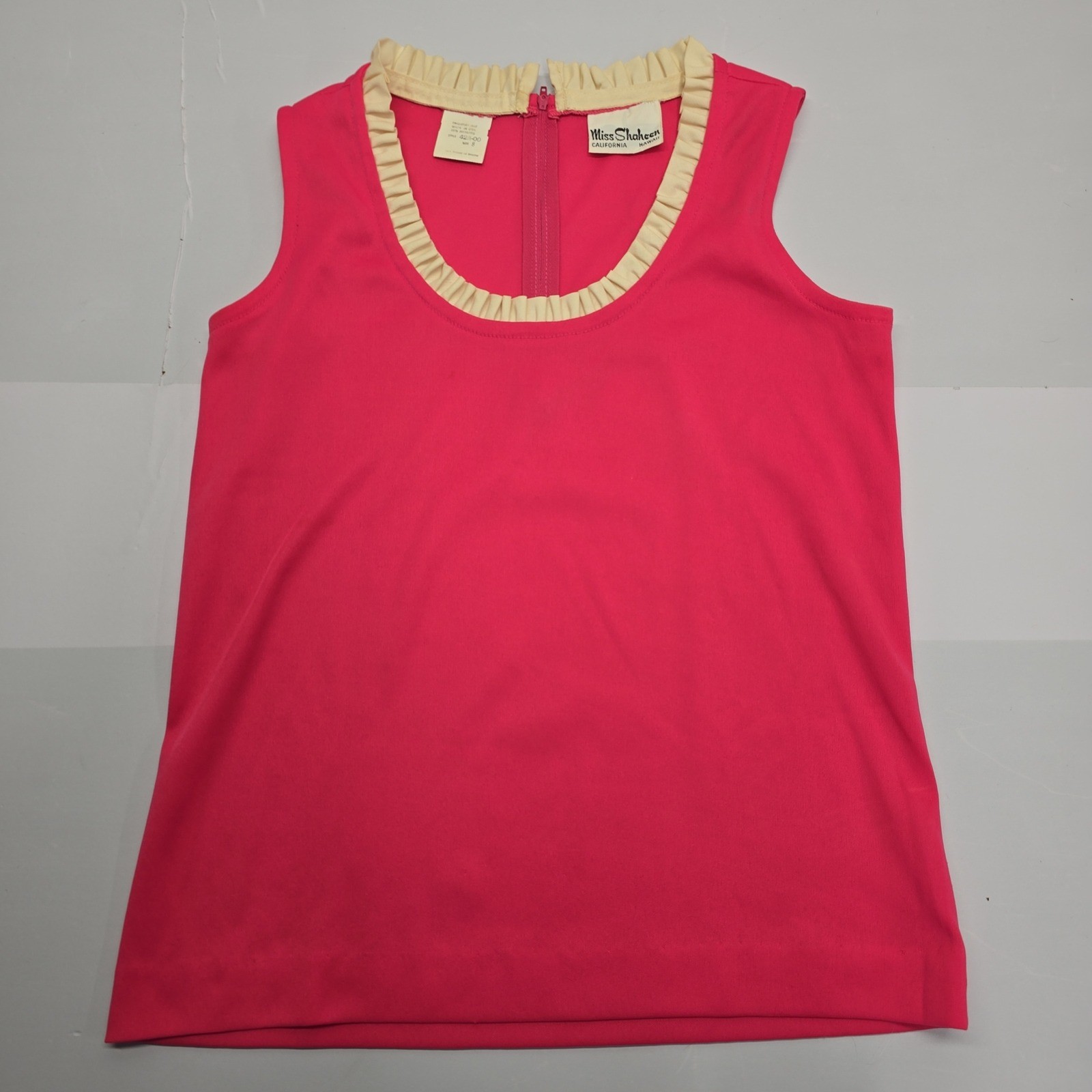 Miss Shaheen Vintage Pink Ruffle Neck Sleeveless Mod Top 423-00 Size 8
