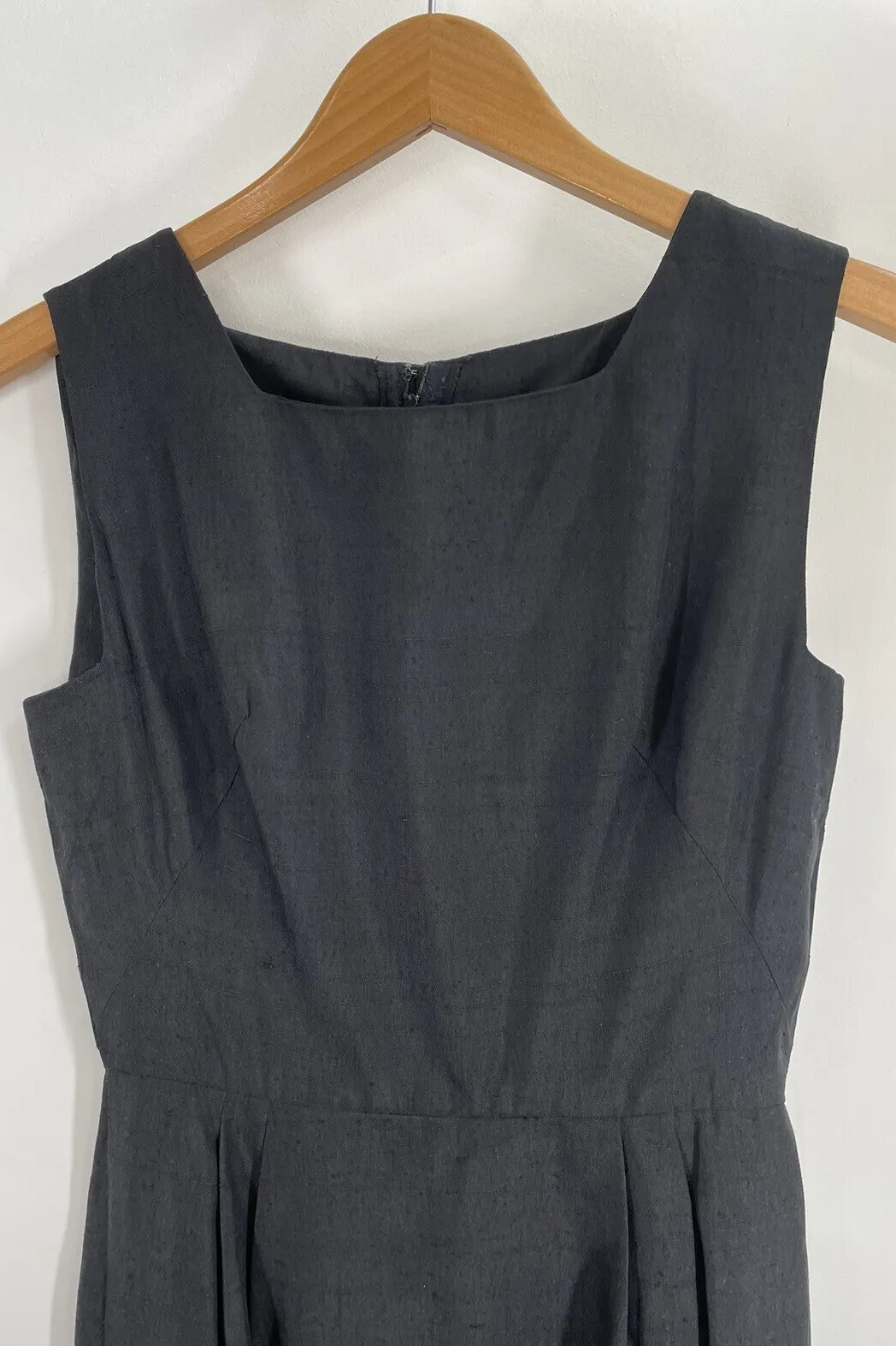 VTG 60s Little Black Dress Pencil Wiggle Square Side Arm Hole Pockets 38″ Chest