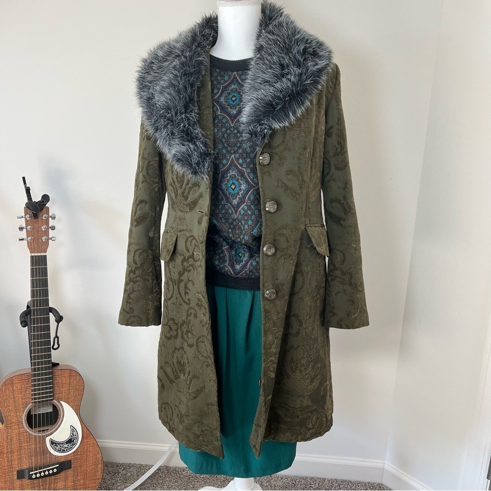 Giacca Gallery Vintage 90s/Y2K Dark Green Embroidered Boho Jacket Faux Fur 🦚