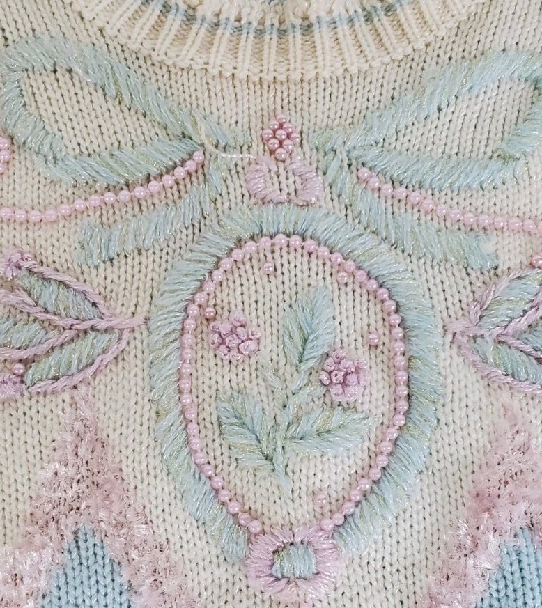 Jaclyn Smith Vintage Sweater Chunky Beaded 80’s White Blue Pink LARGE