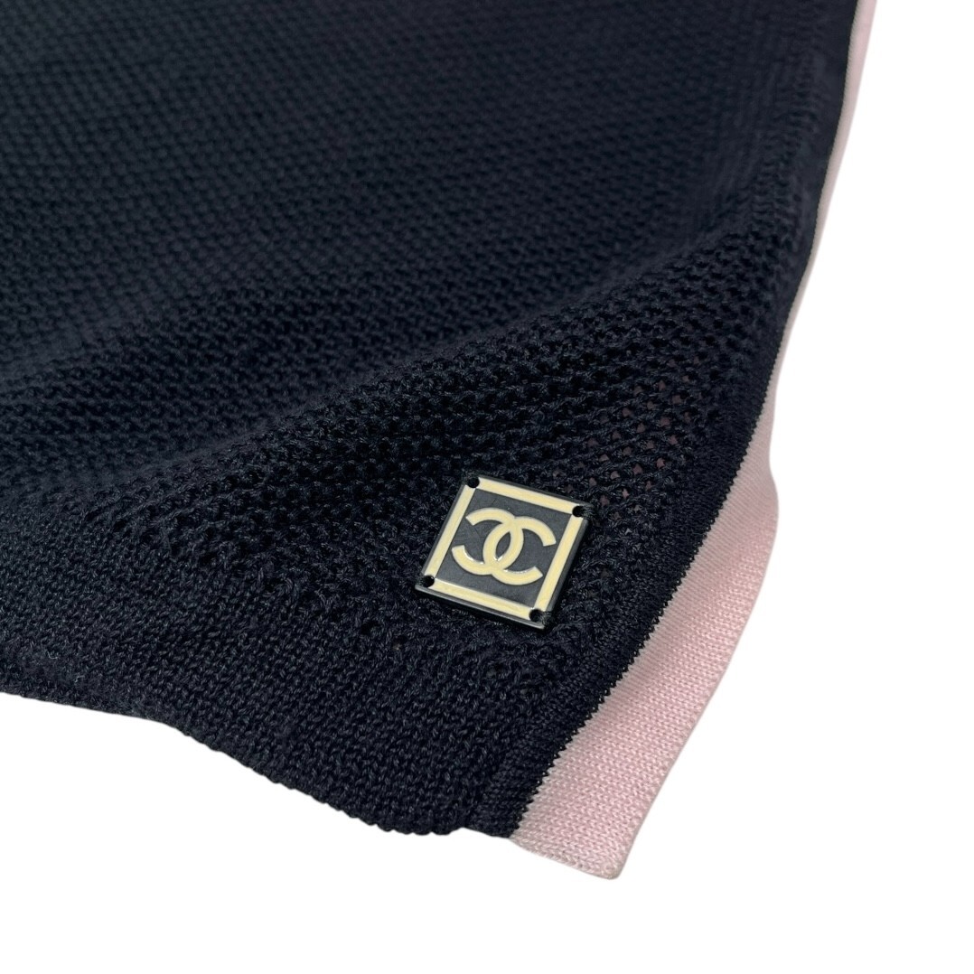 CHANEL Vintage 03P CC Logo Mesh Knit Tank Top #38 Black Pink Cotton Rank AB+