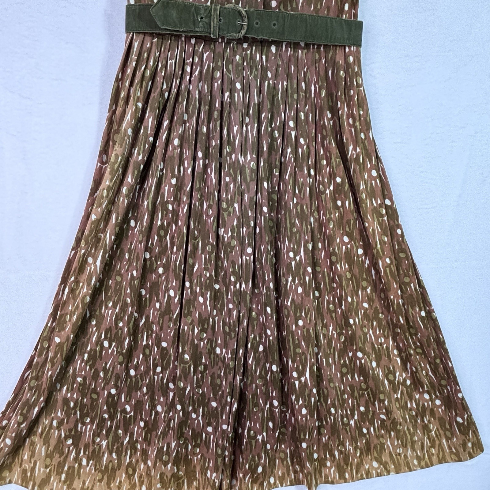 Vtg 60s Claire Tiffany Traveler Tea Dress 3 large buttons belted brown/green