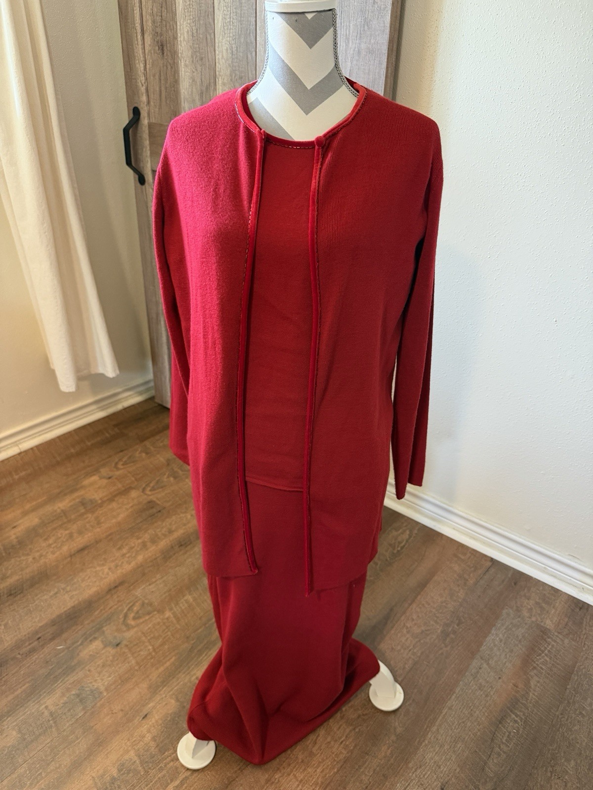 Vintage Carole Little Saint Tropez Wear 3 Pc Red Knit Sweater Skirt Set Med/Lg