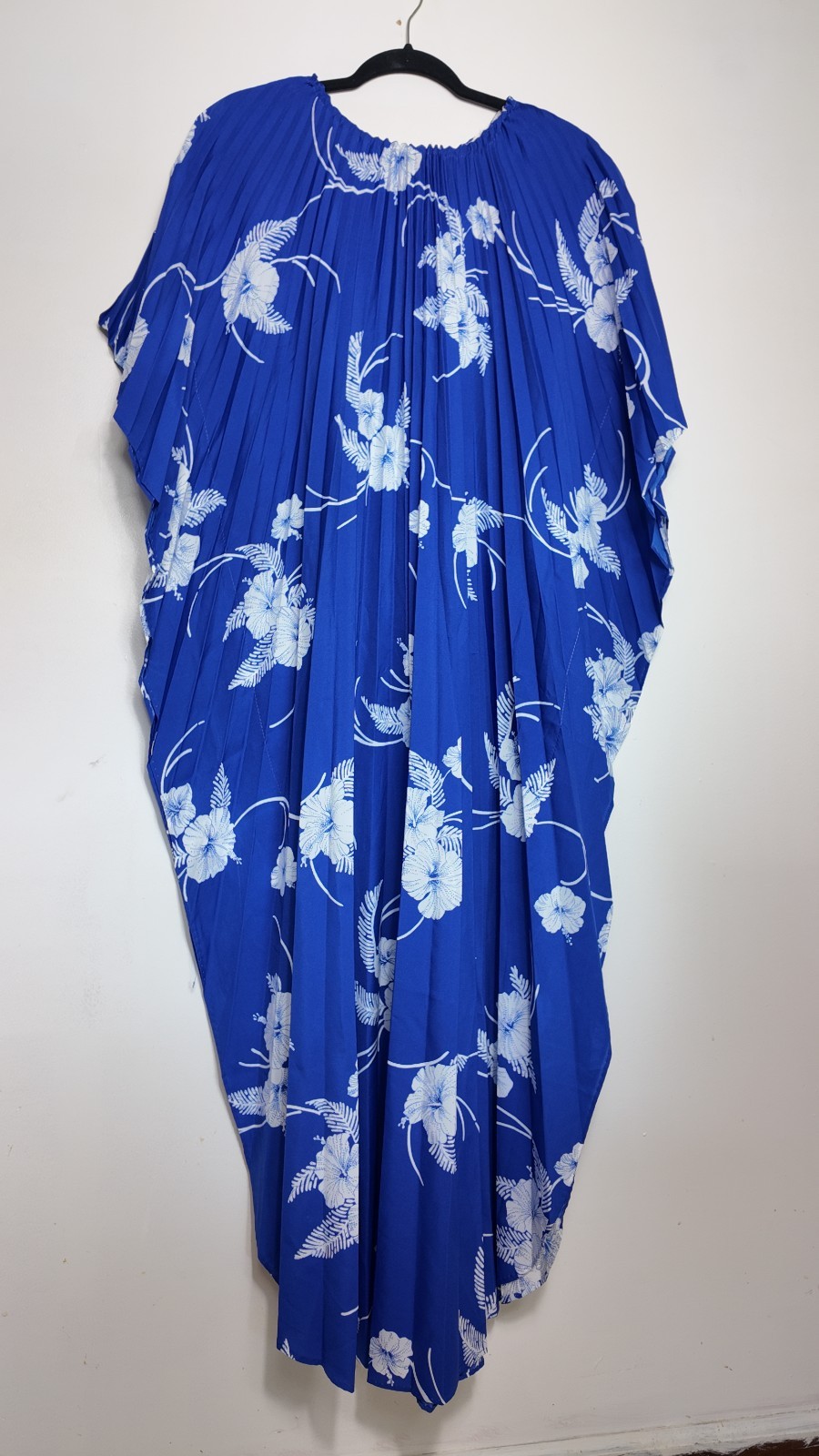 Vintage 70s 80s Royal Palm Hawaii Blue Pleated Kaftan Hibiscus Floral Dress