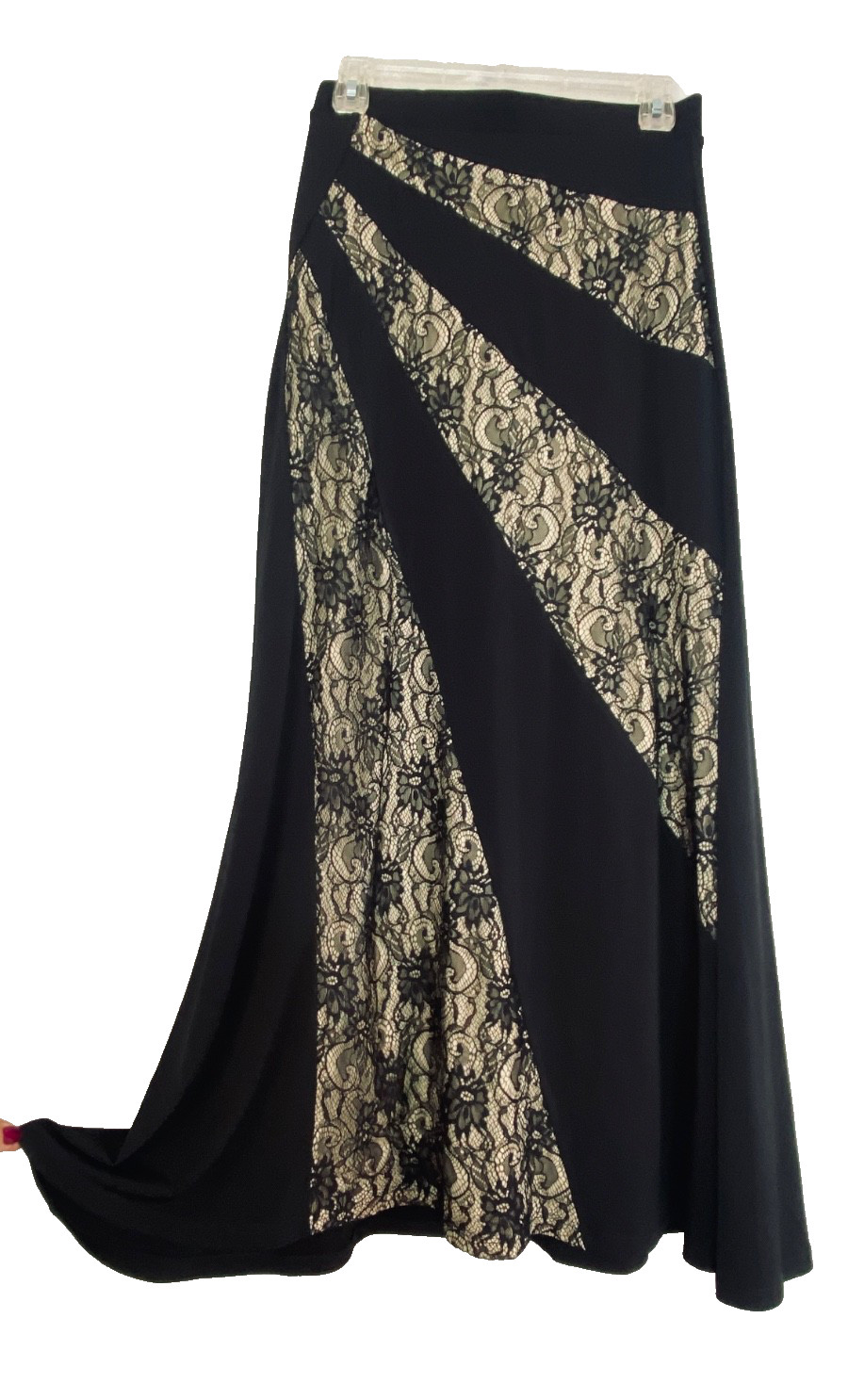 Vintage 1990s black lace VENUS maxi skirt S mermaid stretch sheer patchwork