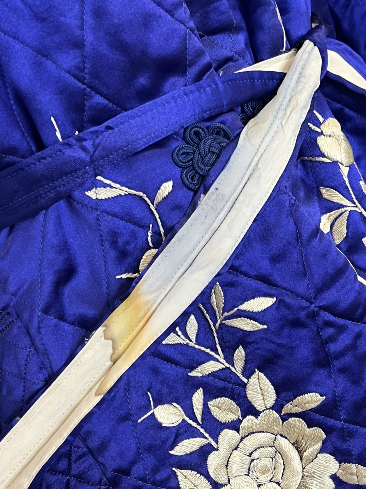 Vtg 50s Japan Quilted Jacket Lounge Set Embroidered Blue Satin Sun Bros Asian