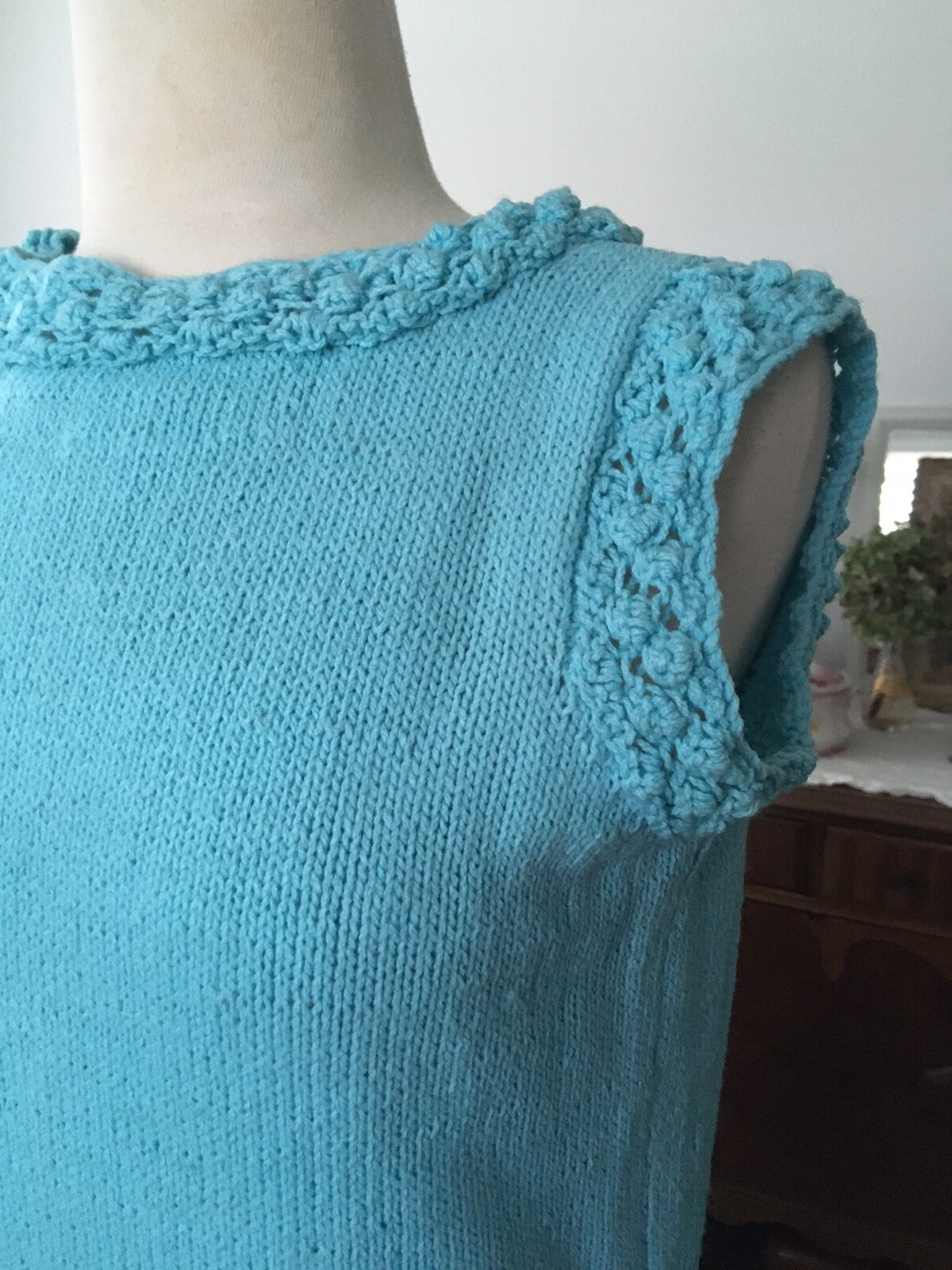 VTG 1960s Pastel AQUA Bubble HANDKNIT Dress Pin Up MOD Sleeveless
