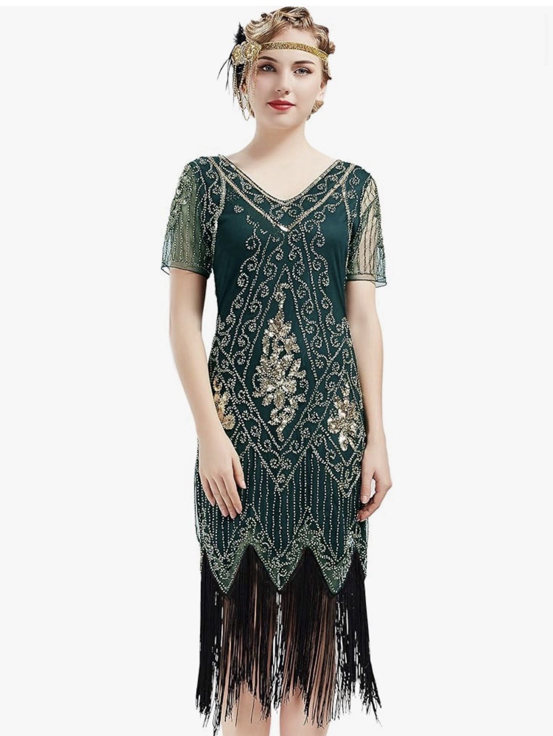 1920s Art Deco Green Sequin Beaded Fringe V-Neck Lace Cocktail Dress. XXL