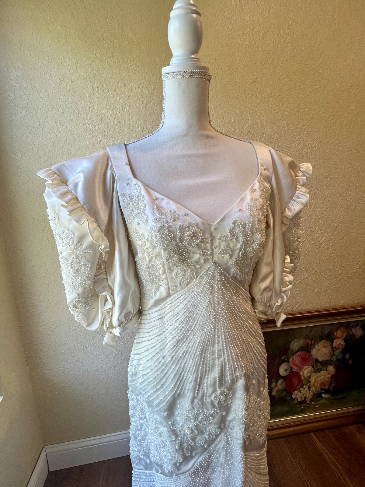 1980s Carlota Alfaro Handmade Beaded Wedding Dress Vintage Ivory Off White