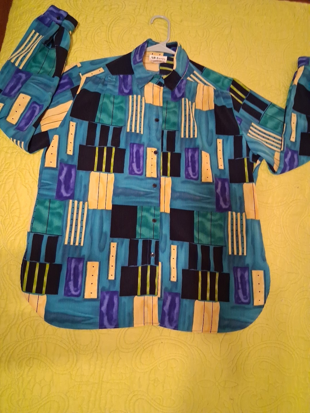 Vintage 80s All Hours Blue/Green/Yellow Long Sleeve Button Front Blouse Sz L