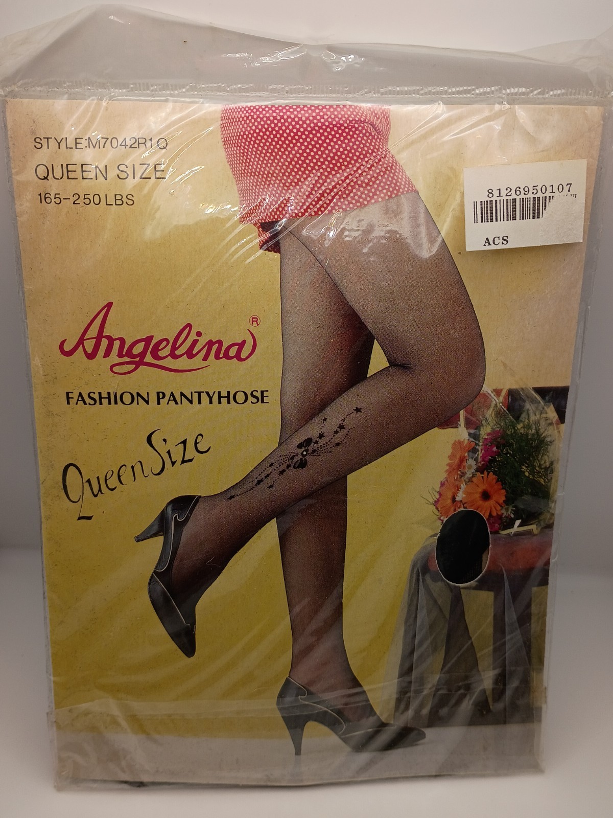 Vtg.80s Angelina Pantyhose Floral,Star,Bow & Rhinestone Black-Sz.Queen NIP