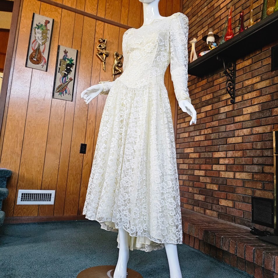 Vtg 80s Victorian Lace Alfred Angelo Illusion White Wedding Puff Dress Gown S