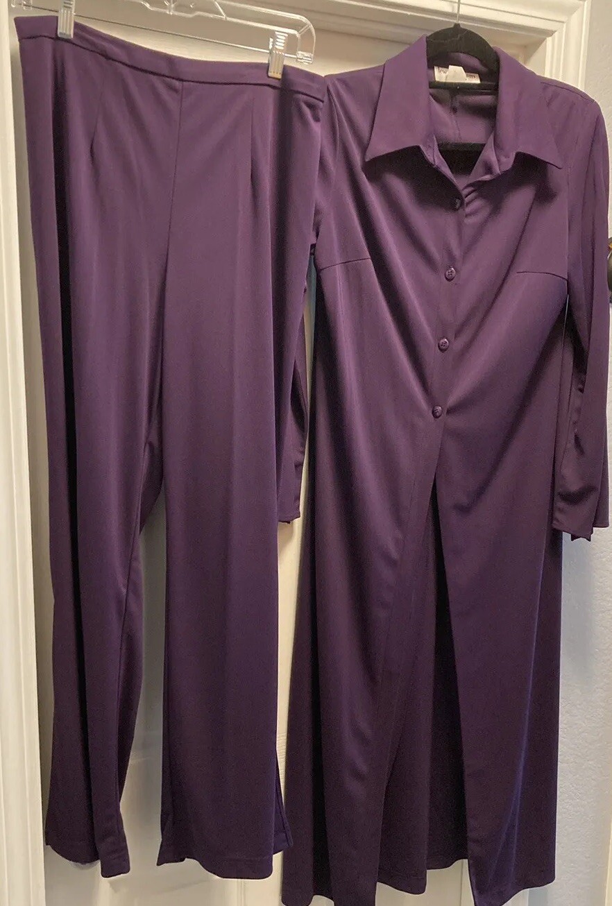 Vtg Lew Magram Collection 2 Piece Purple Split Bell Sleeve Duster Pant Suit Sz L