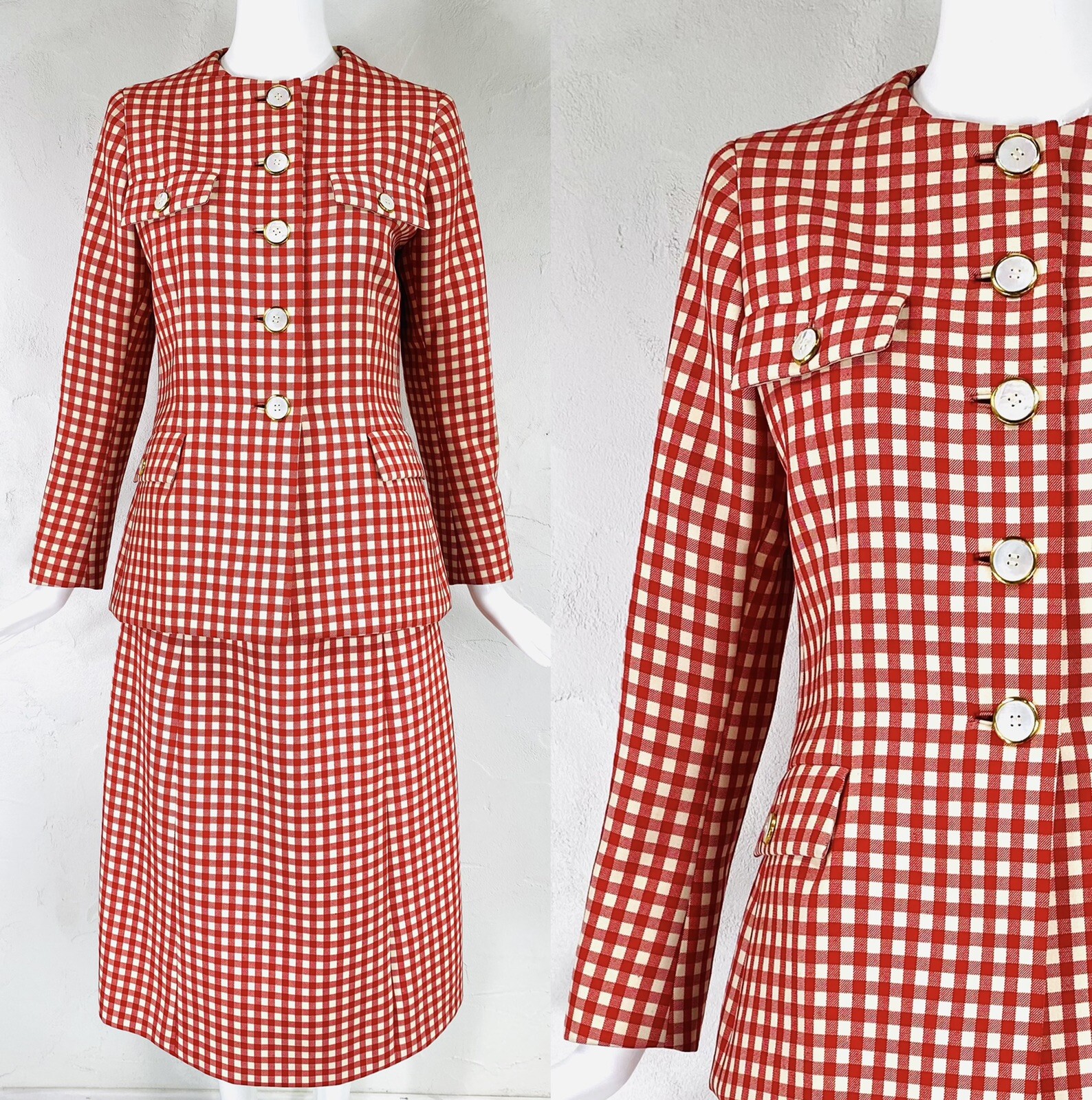 Met Museum Archive 1972 NORMAN NORELL Red Cream Gingham Skirt Jacket Suit M