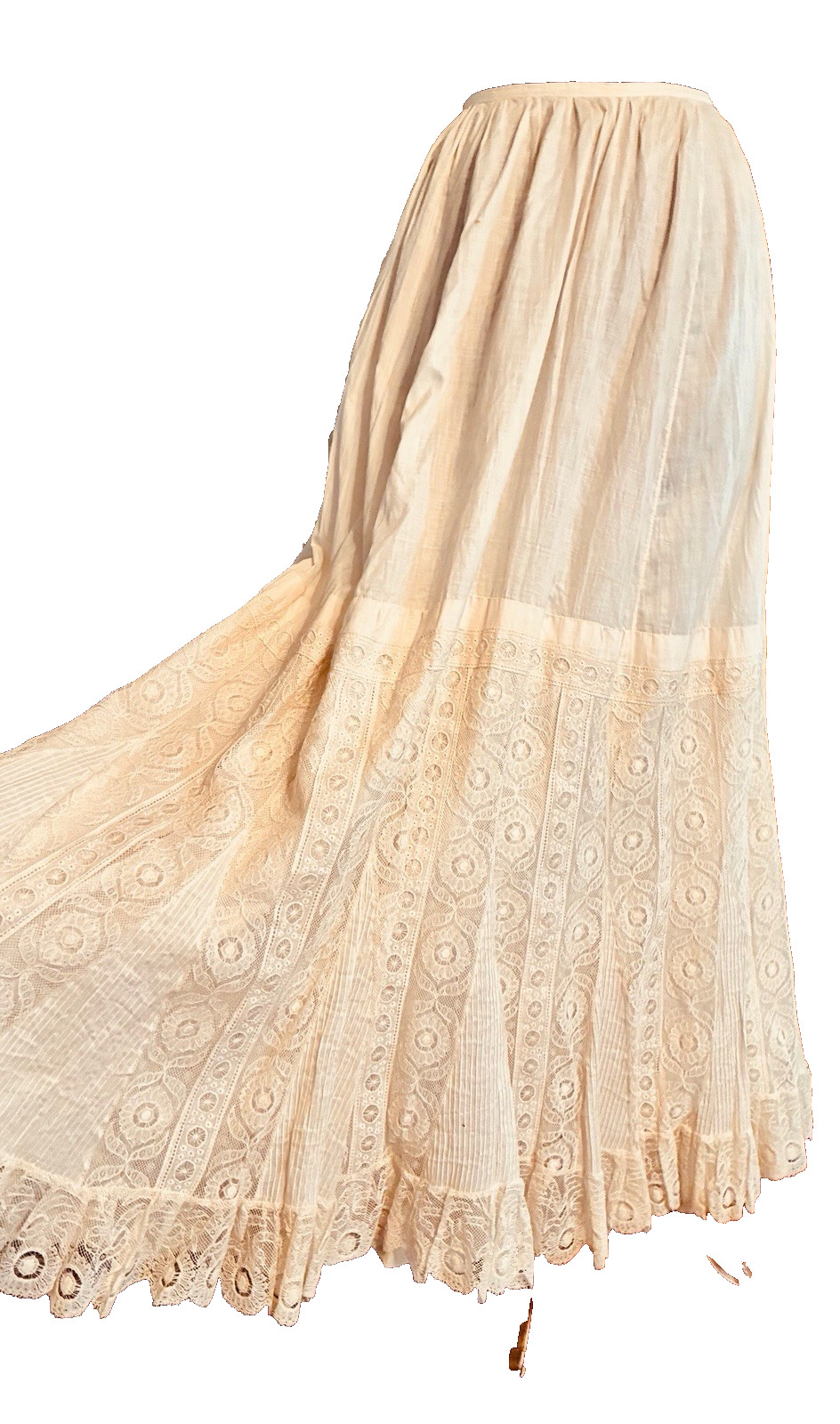 Edwardian White Cotton Petticoat Spider Medallion Brussels Lace Eyelet Ladders