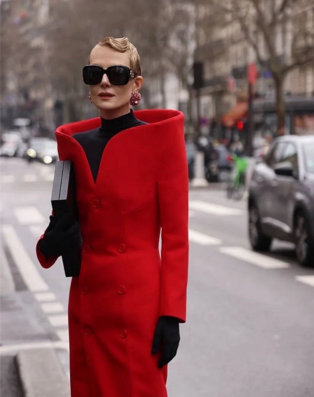 Runway Celebrity High Collar Red Long Coat Jacket L US8-10