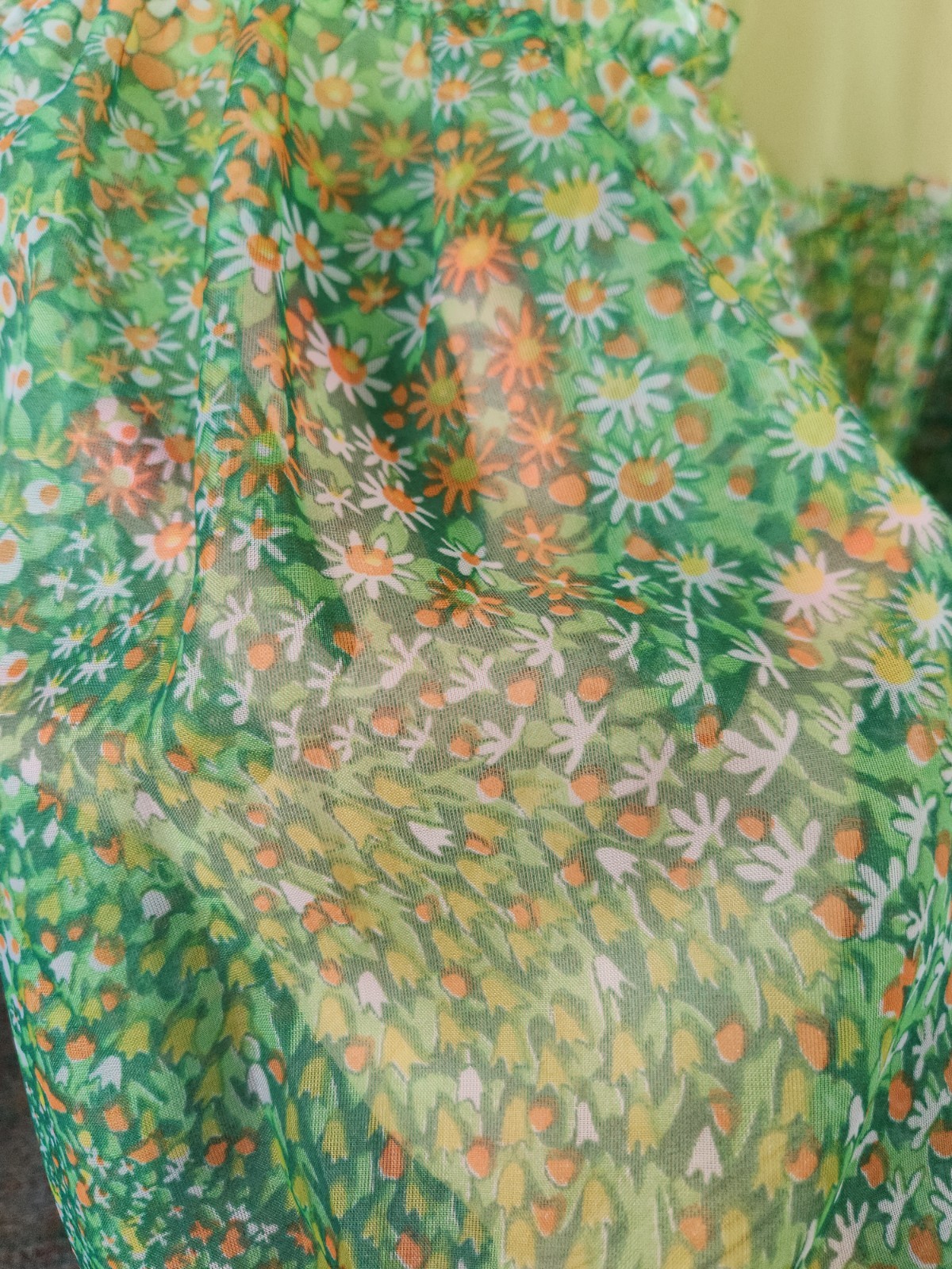 Vintage 60s Floral Chiffon Maxi Dress Ruffle Flutter Capelet Yellow Green Party