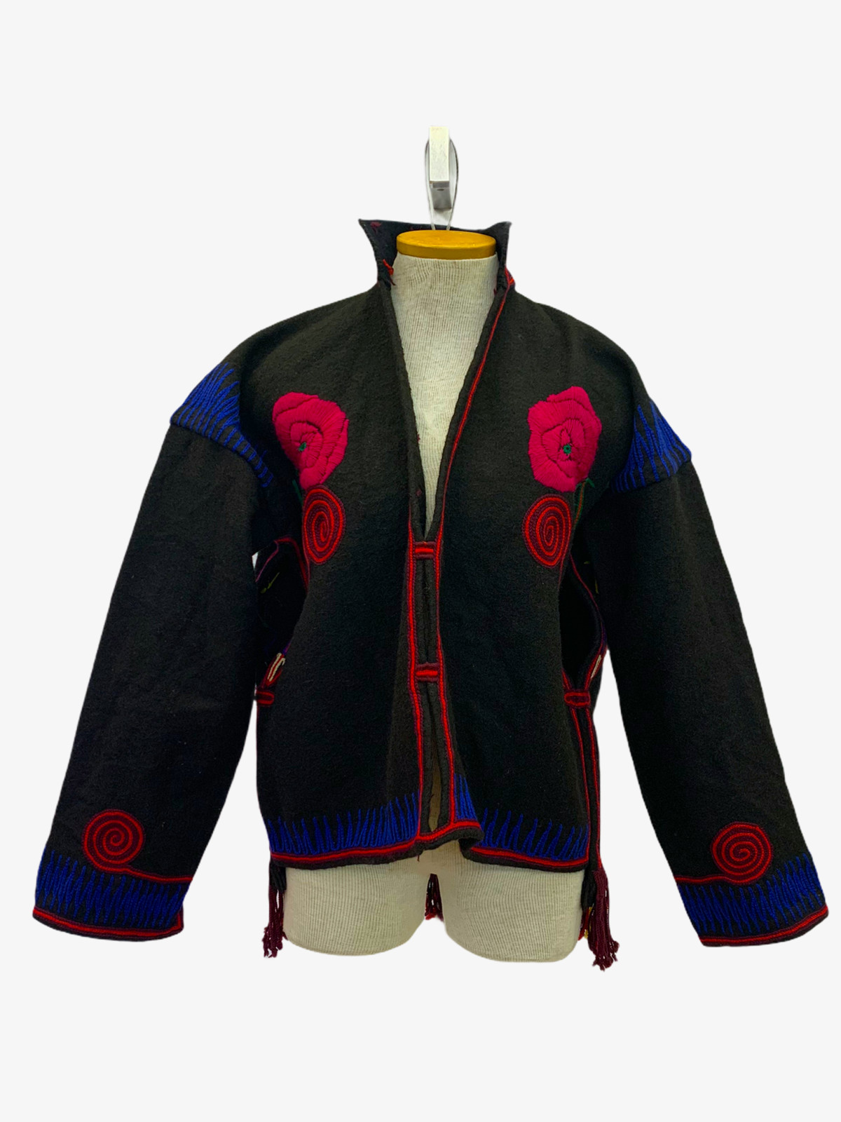 Vintage VTG 1960s 1970s Wool Black Floral Embroidered Jacket Coat