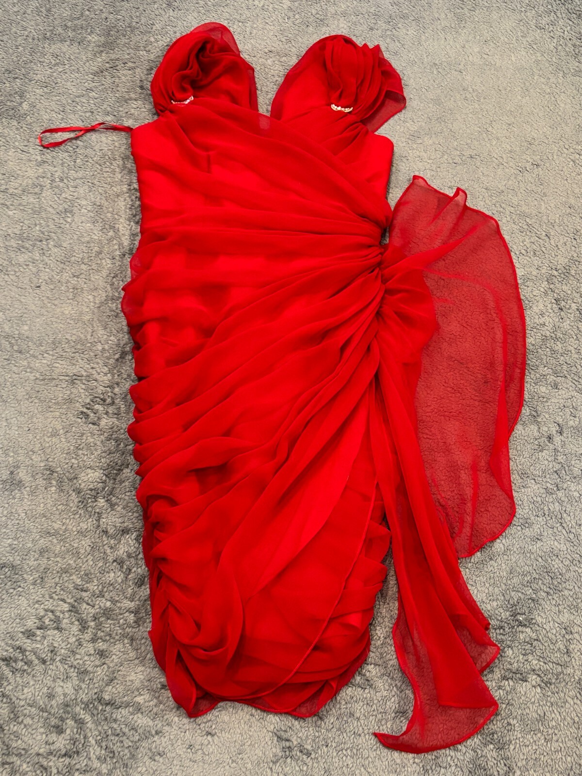 Vintage Lillie Rubin Dress Size 14 Red Lace Accent Wrap Bust Support Midi Formal