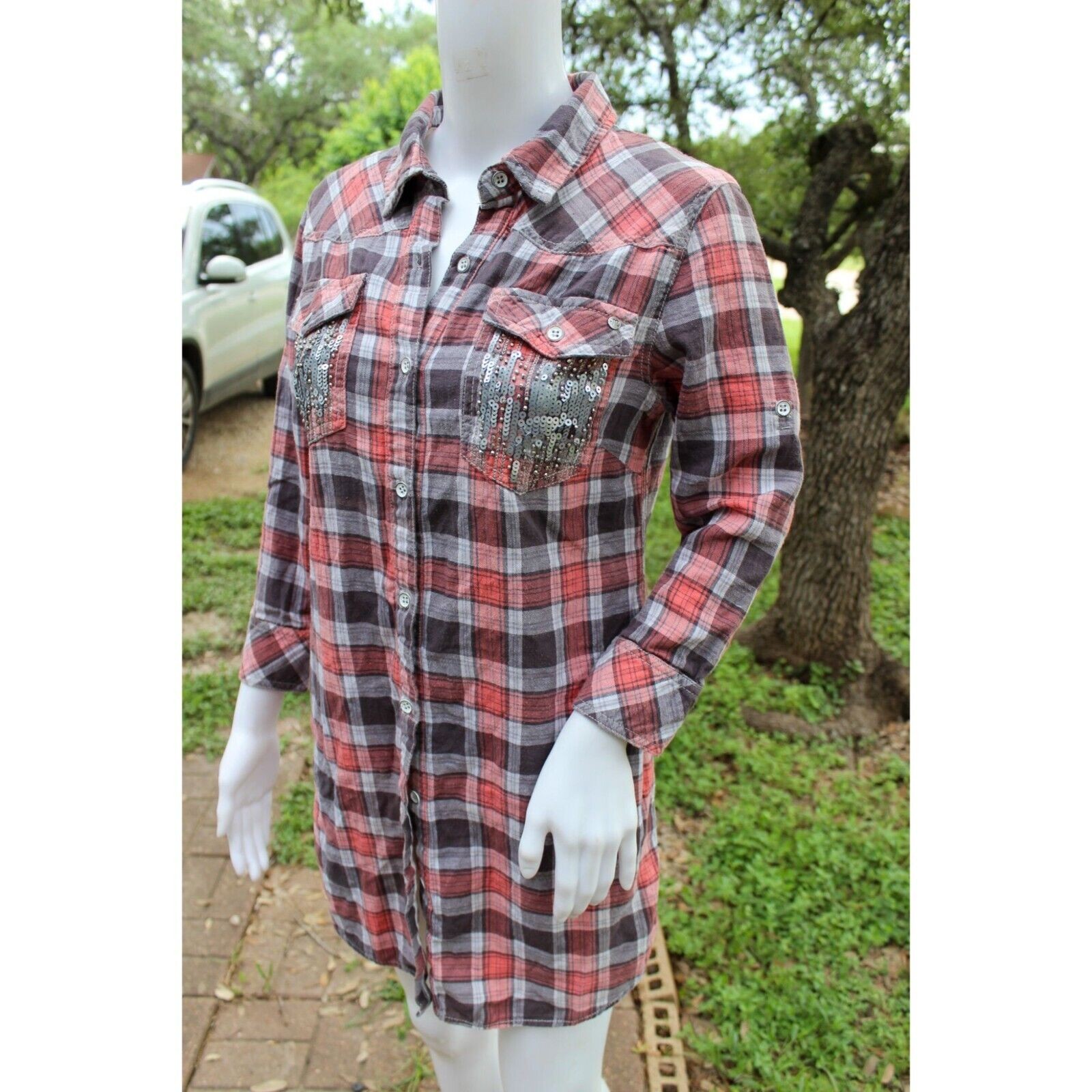 Y2K Vintage Miss Me Plaid Button-Down Shirt Dress W/ Sequin Pockets Size S
