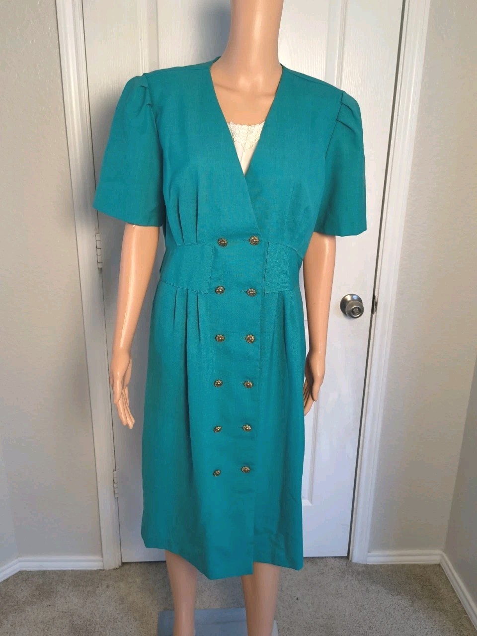 Vintage 90s Pleated Pencil Dress Teal Size 16 Midlength Preppy Stretch Waist P41