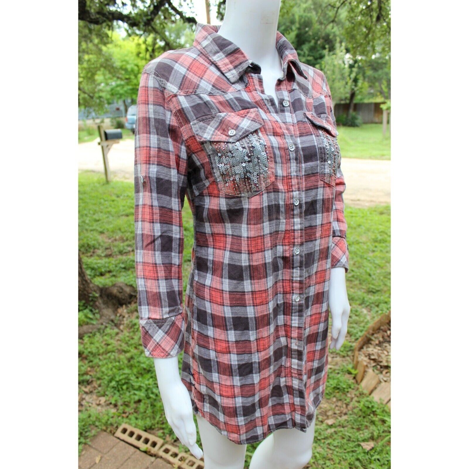 Y2K Vintage Miss Me Plaid Button-Down Shirt Dress W/ Sequin Pockets Size S