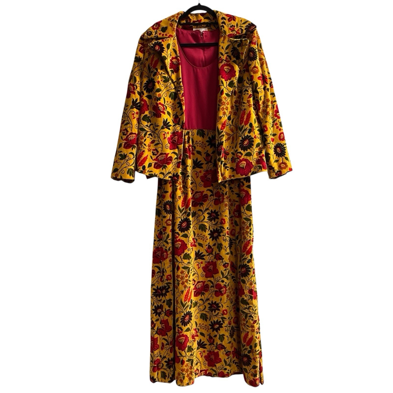 Vintage Les Wilk Jacket Dress Womens 12 Red Yellow Velour Floral Maxi 70s Boho