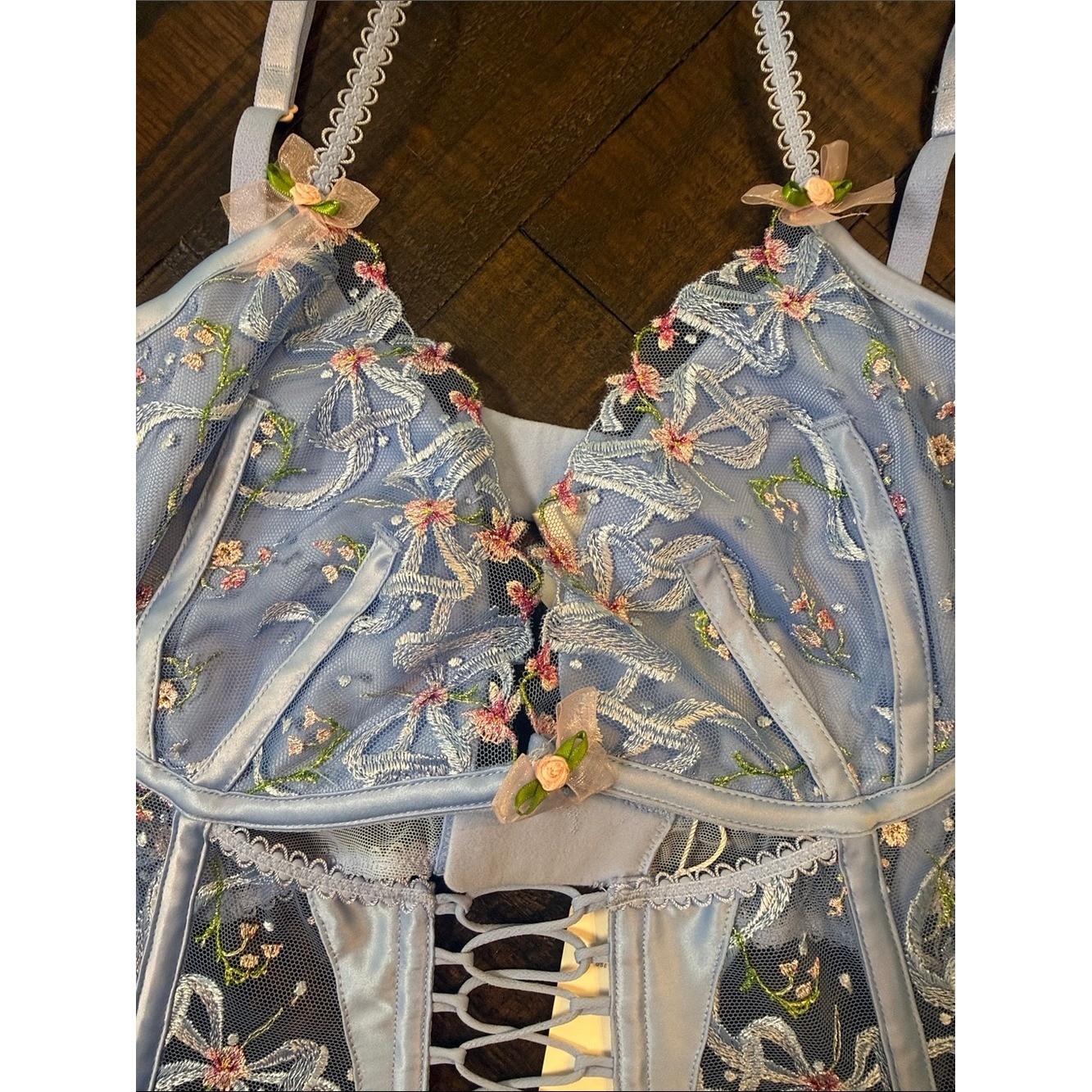 For Love & Lemons Belle Bow Bustier Blue Floral Lace-Up NWT