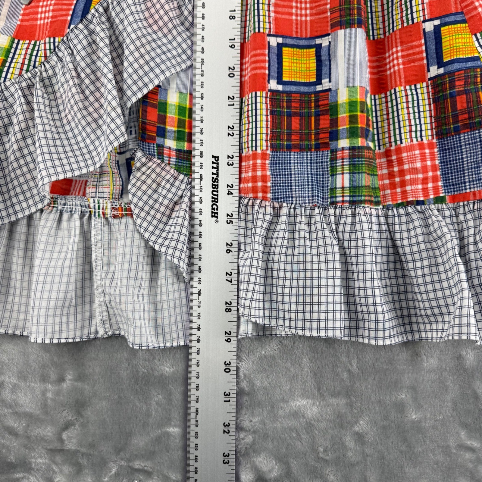 Vintage 70’s Patchwork Plaid Ruffle Midi Skirt Boho Romantic Folk, High Waist