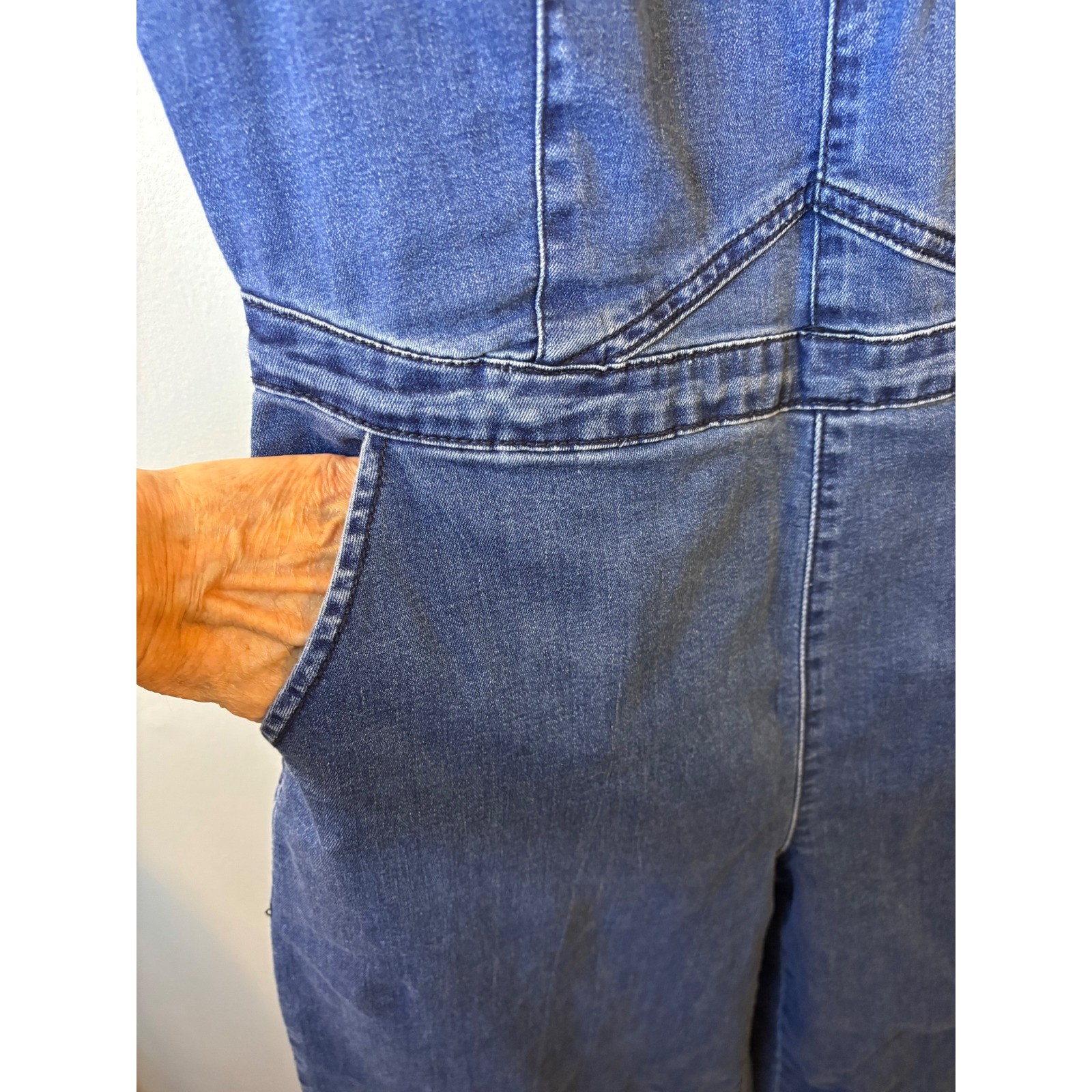 VTG Ashley Stewart Stretch Denim Jumpsuit 14 Culotte Cropped