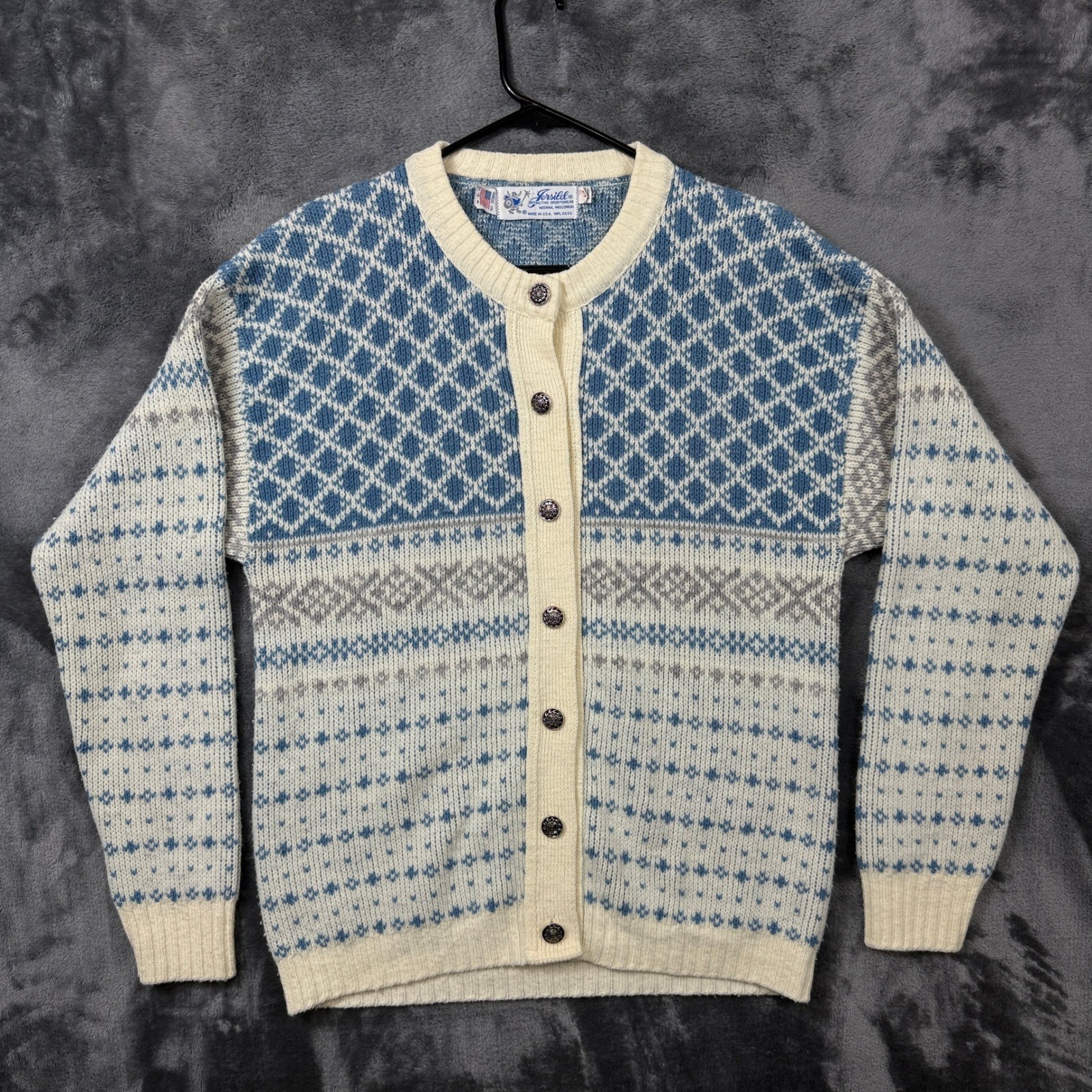 Jersild Cardigan Sweater Women 40 Blue Fair Isle Knit Vintage Made in USA Button