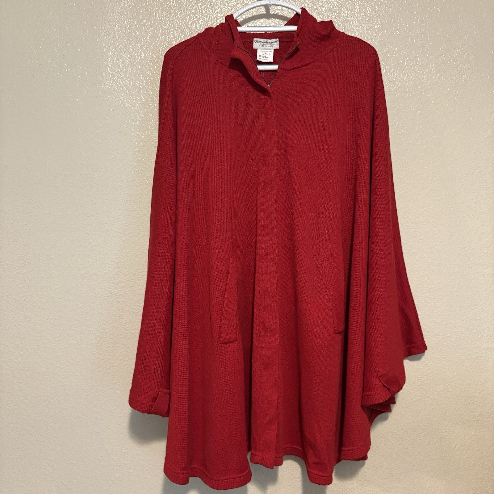 Vintage Norm Thompson Merino Wool Blend Red Hooded Cape Made In Italy Size L/XL
