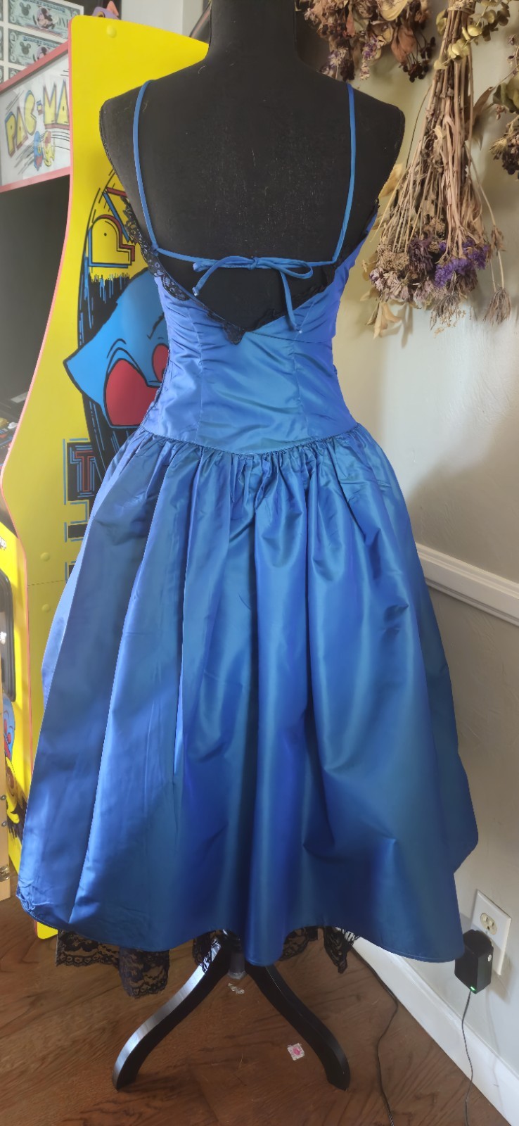 Vintage 1980s Blue And Black Gunnesax Prom Dress With Peek-a-boo Black Slip