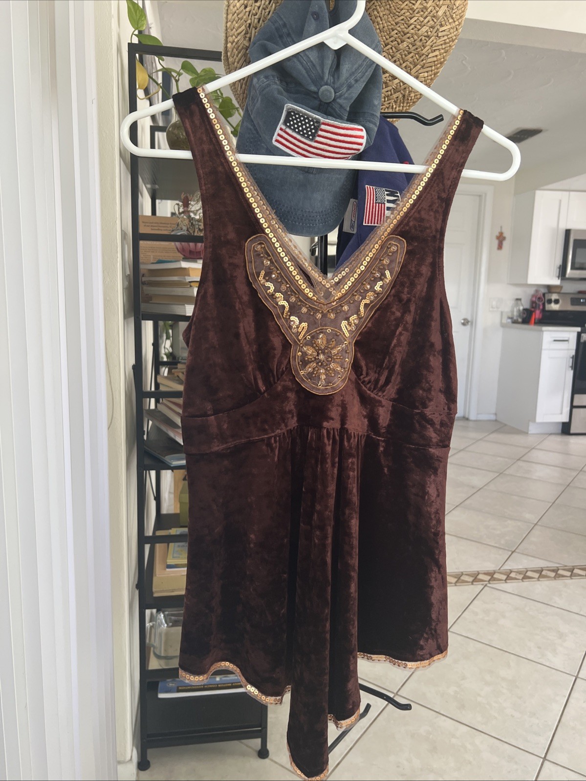 Vintage Express, Brown, Gold Sequins And Beads, Boho, Summer Top, Sz S. Sweet!