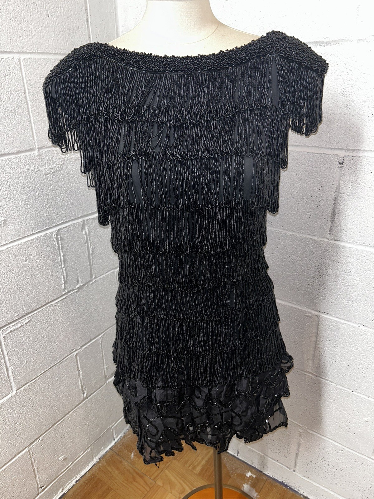 Vintage Fabrice New York Couture 20s Revival Flapper Dress Black Beaded Silk Med