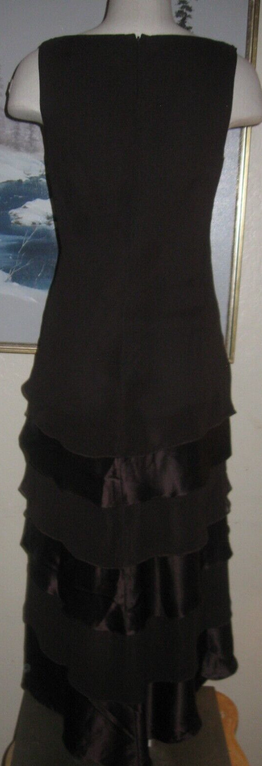 Tadashi Silk Cocktail dress Mocha mermaid hem ruffles Rhinestone Brooch wispy 6