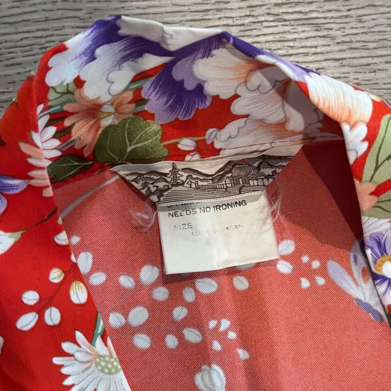 Vintage Made in Japan Red Floral Kimono Robe Butterfly Peony Long Dressing Gown