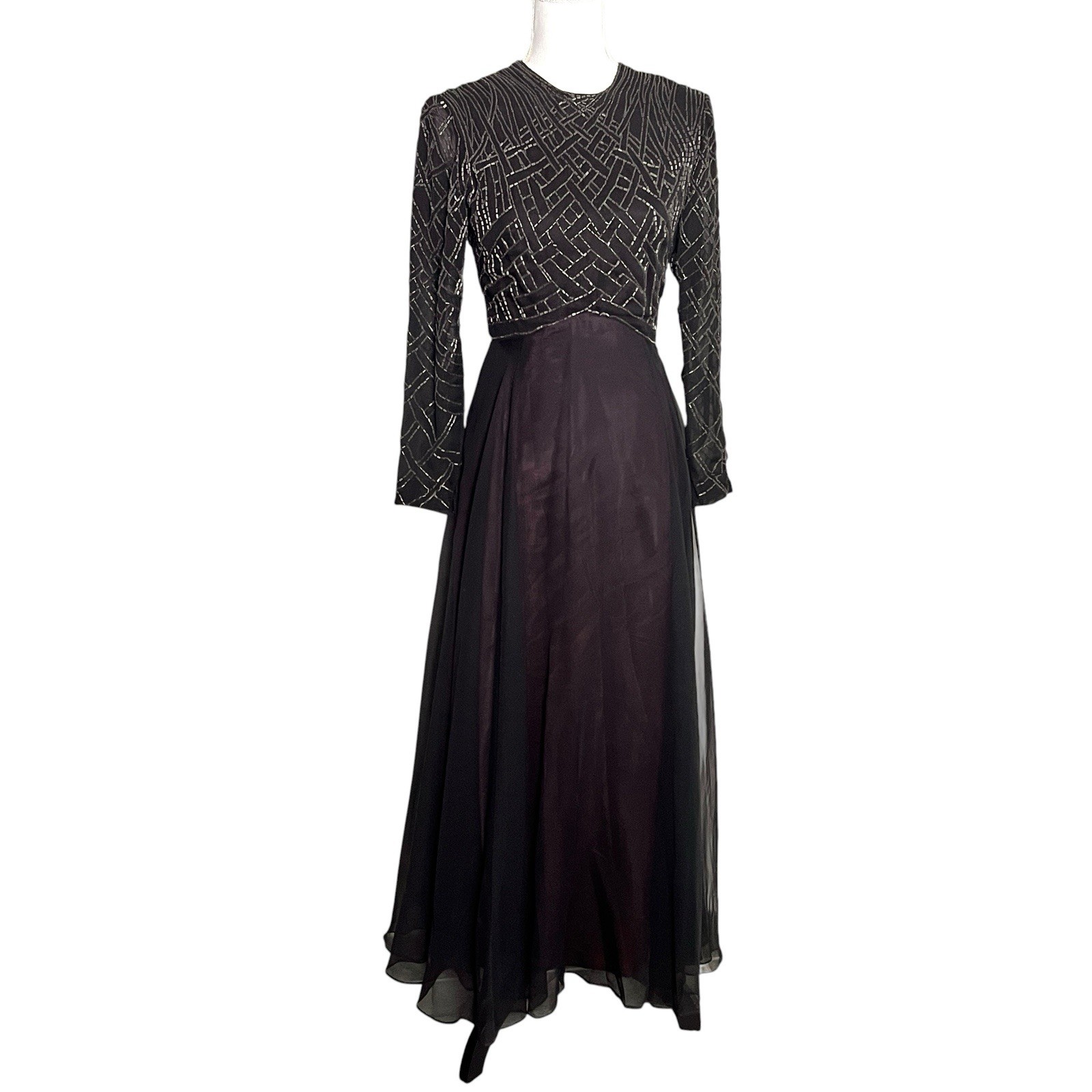 VTG 80s Jack Bryan Black Beaded Chiffon Evening Gown Art Deco Maxi Dress Small